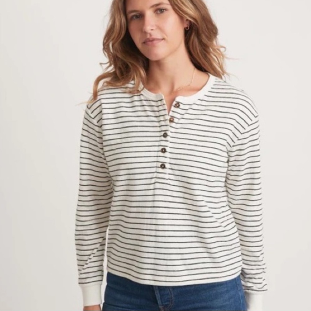 Marine Layer Double Knit Carter Henley in White/Black Stripe Top Women’s Medium